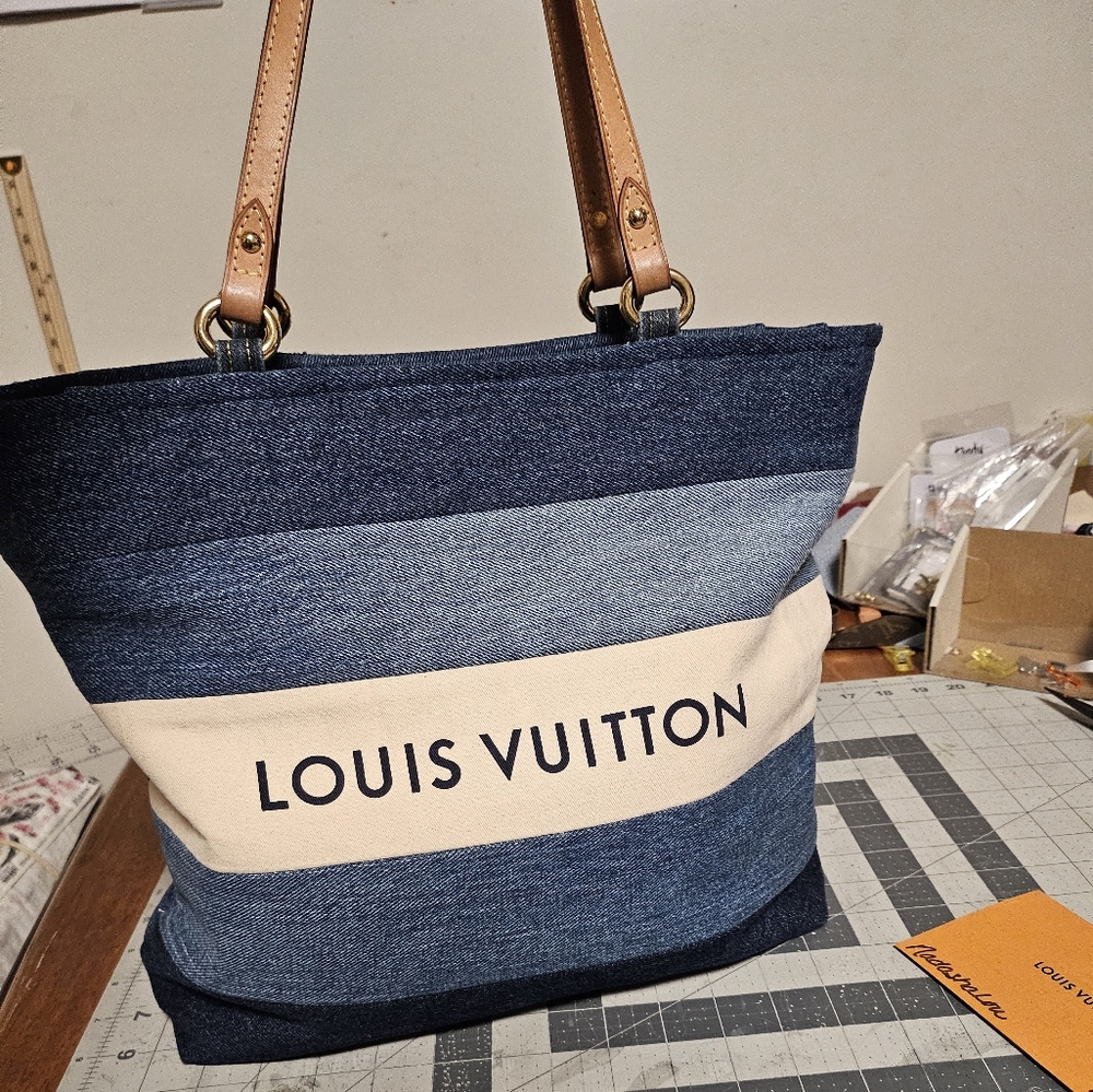 Repurposed Upcycled Denim Tote Bag made w authentic LV straps etc.